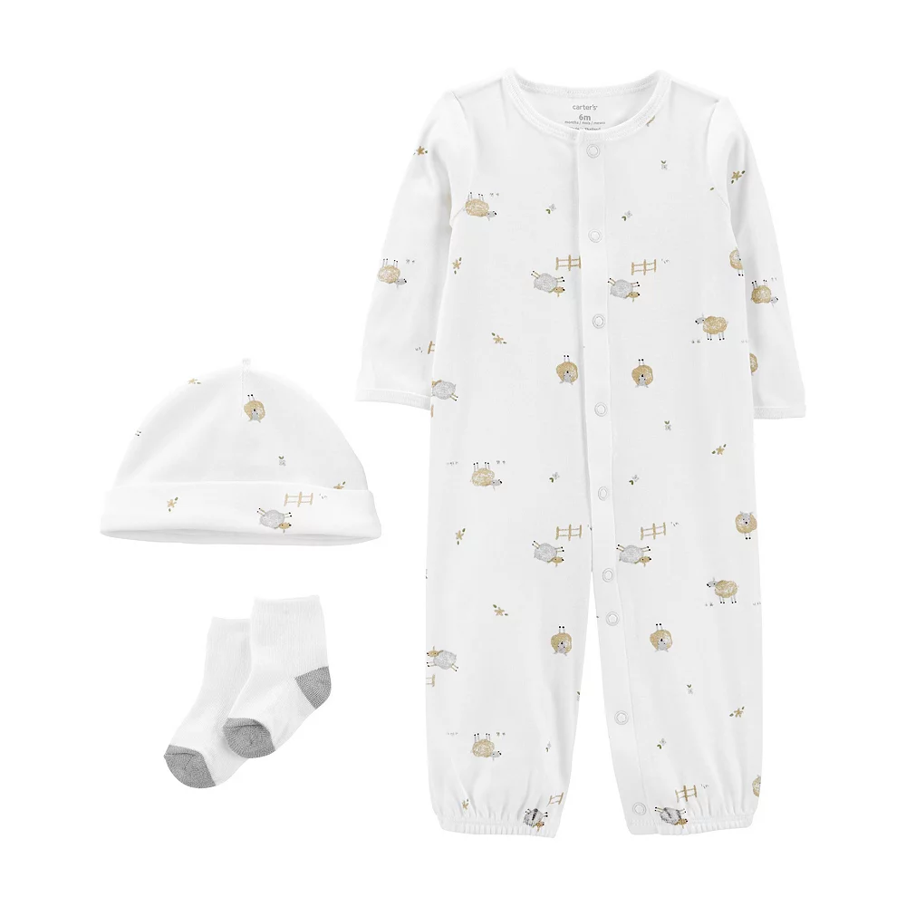 Baby Carter's Sheep Print Converter Gown, Cap, & Socks Set