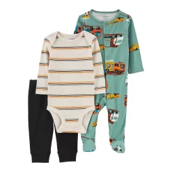 Baby Carter's Striped Bodysuit, Pants & Truck Sleep & Play Set