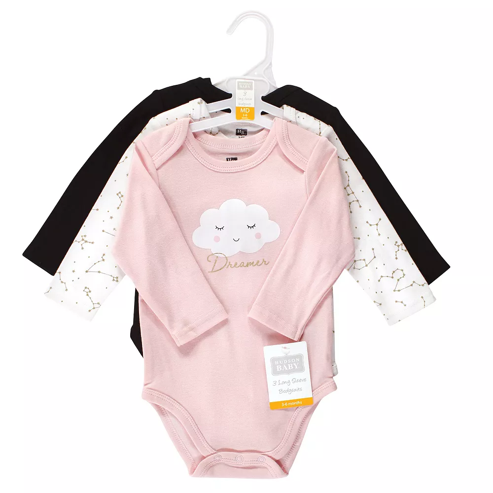 Hudson Baby Infant Girl Cotton Long-Sleeve Bodysuits, Dreamer - Image 2
