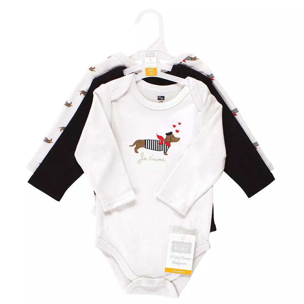 Hudson Baby Infant Girl Cotton Long-Sleeve Bodysuits, Bonjour Dachshund - Image 2