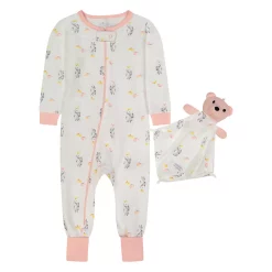 Sleep On It Infant Girls Hopping Bunny Zip-Front Coverall Pajama with Blankey Buddy