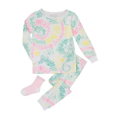 Sleep On It Infant/Toddler Girls Tie-Dye Pastels Snug Fit 2-Piece Pajama Sleep Set With Matching Socks