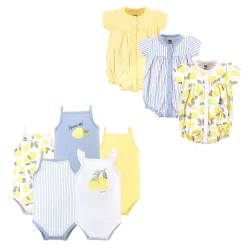 Hudson Baby Infant Girl Cotton Bodysuits and Rompers, 8-Piece, Yellow Lemon, 12-18 Months