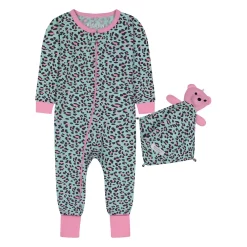 Sleep On It Infant Girls Leopard Print Zip-Front Coverall Pajama with Blankey Buddy