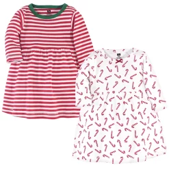 Hudson Baby Infant and Toddler Girl Long-Sleeve Cotton Dresses 2pk, Candy Cane