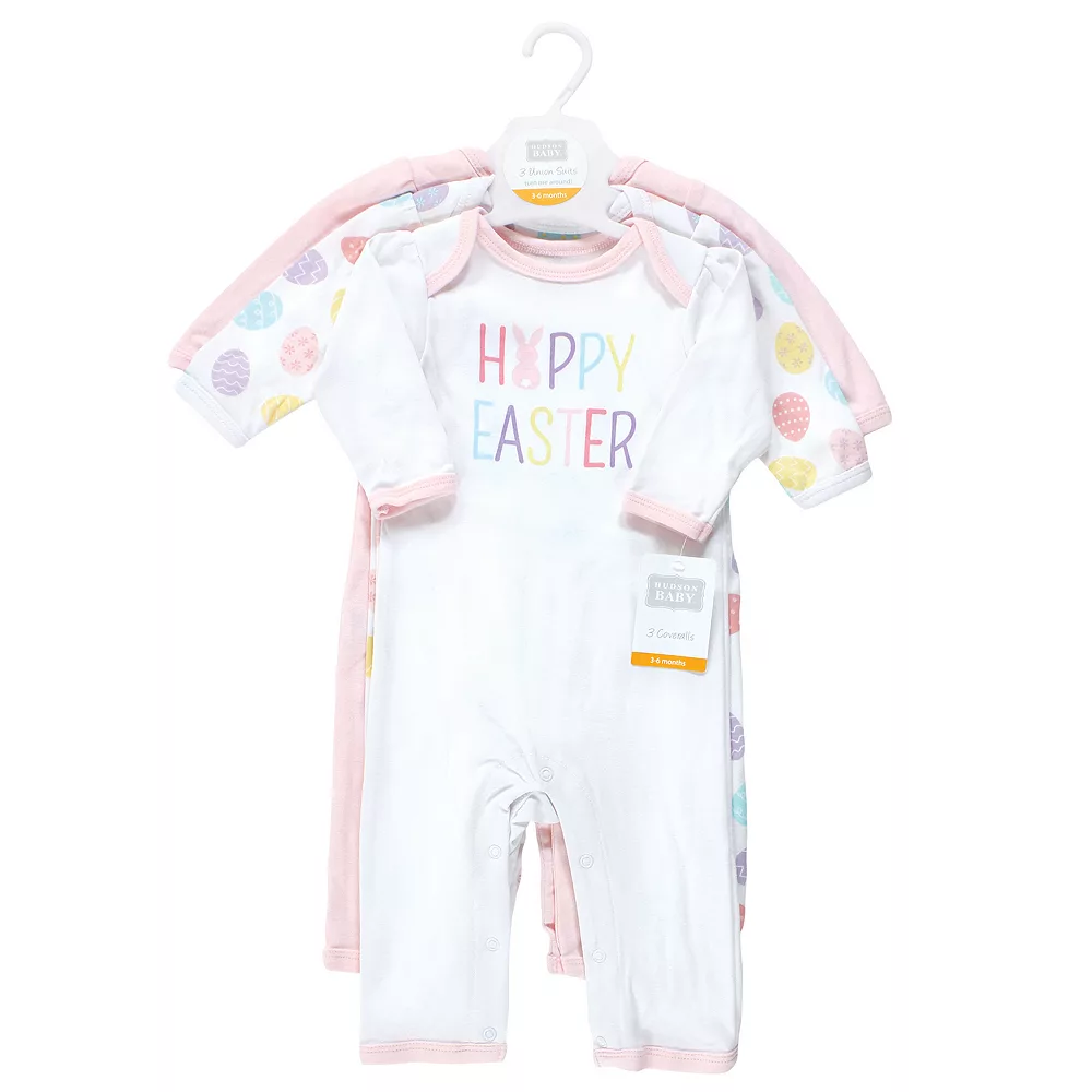 Hudson Baby Infant Girl Cotton Coveralls, Happy Easter - Image 2