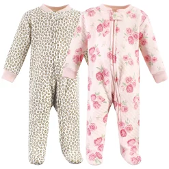 Hudson Baby Infant Girl Premium Quilted Zipper Sleep and Play, Blush Rose Leopard