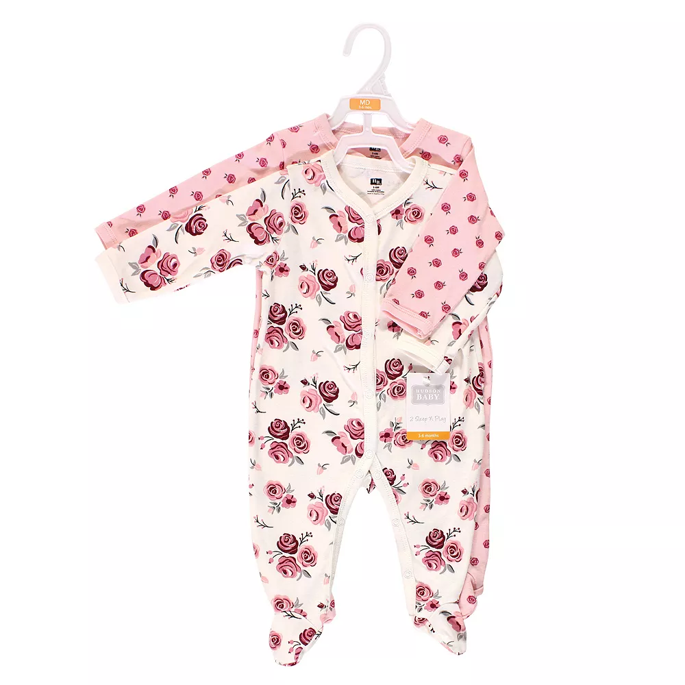 Hudson Baby Infant Girl Cotton Snap Sleep and Play 2pk, Rose - Image 2