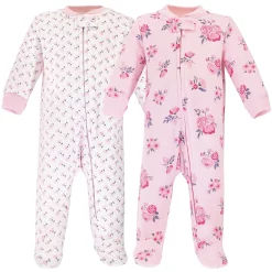 Hudson Baby Infant Girl Premium Quilted Zipper Sleep and Play 2pk, Pink Navy Floral