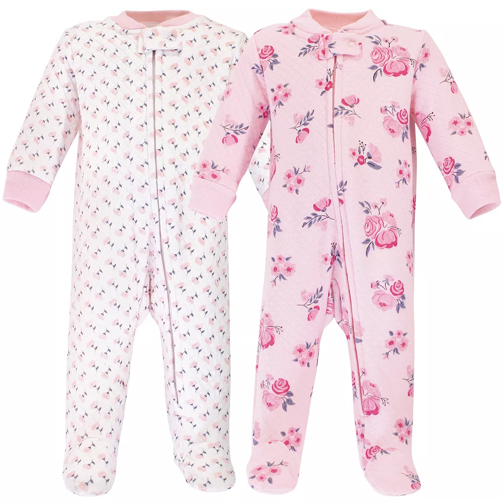 Hudson Baby Infant Girl Premium Quilted Zipper Sleep and Play 2pk, Pink Navy Floral