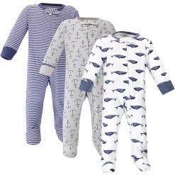 Touched by Nature Baby Organic Cotton Zipper Sleep and Play 3pk, Blue Whale