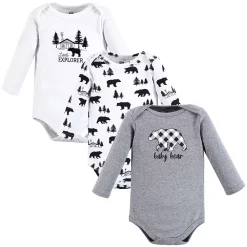 Hudson Baby Infant Boy Cotton Long-Sleeve Bodysuits, Baby Bear Gray Black 3-Pack