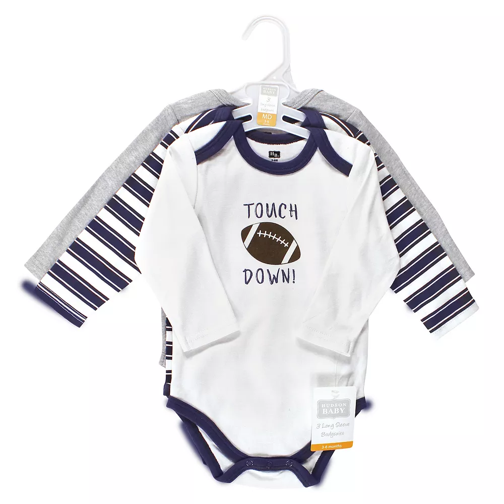 Hudson Baby Infant Boy Cotton Long-Sleeve Bodysuits, Football Buddy 3-Pack - Image 2