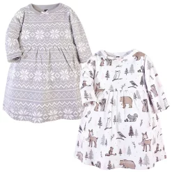 Hudson Baby Infant and Toddler Girl Cotton Long-Sleeve Dresses 2pk, Gray Winter Forest