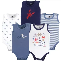 Hudson Baby Infant Boy Cotton Sleeveless Bodysuits 5pk, Sea Shore