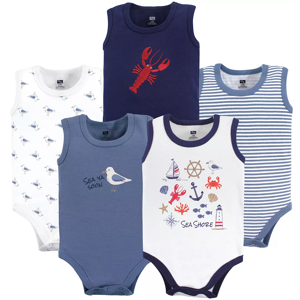 Hudson Baby Infant Boy Cotton Sleeveless Bodysuits 5pk, Sea Shore