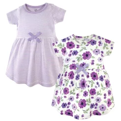 Touched by Nature Baby and Toddler Girl Organic Cotton Short-Sleeve Dresses 2pk, Purple Garden