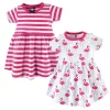 Hudson Baby Infant and Toddler Girl Cotton Short-Sleeve Dresses 2pk, Bright Flamingo