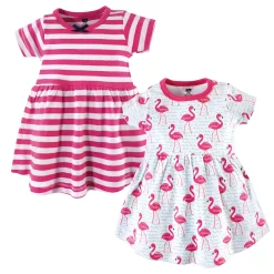 Hudson Baby Infant and Toddler Girl Cotton Short-Sleeve Dresses 2pk, Bright Flamingo