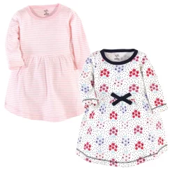 Touched by Nature Baby and Toddler Girl Organic Cotton Long-Sleeve Dresses 2pk, Floral Dot