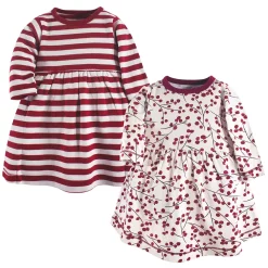 Touched by Nature Baby and Toddler Girl Organic Cotton Long-Sleeve Dresses 2pk, Berry Branch