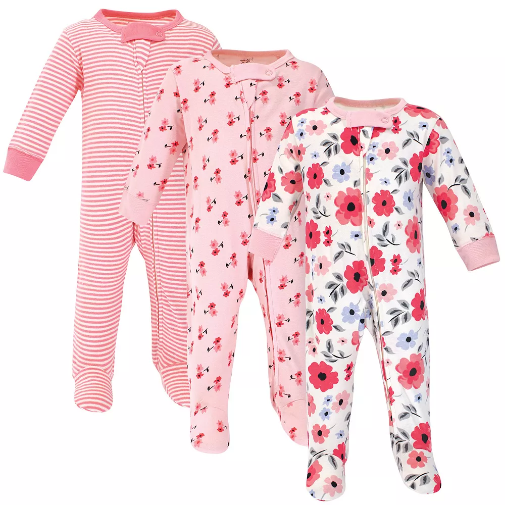 Touched by Nature Baby Girl Organic Cotton Zipper Sleep and Play 3pk, Coral Garden