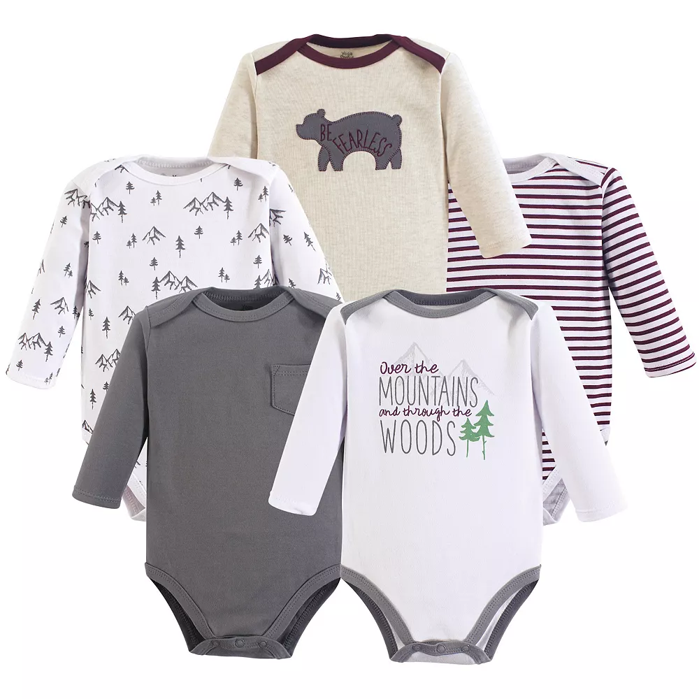 Yoga Sprout Baby Boy Cotton Long-Sleeve Bodysuits 5pk, Mountains, 12-18 Months