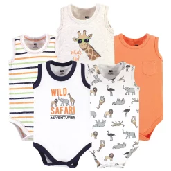 Hudson Baby Infant Boy Cotton Sleeveless Bodysuits 5pk, Wild Safari
