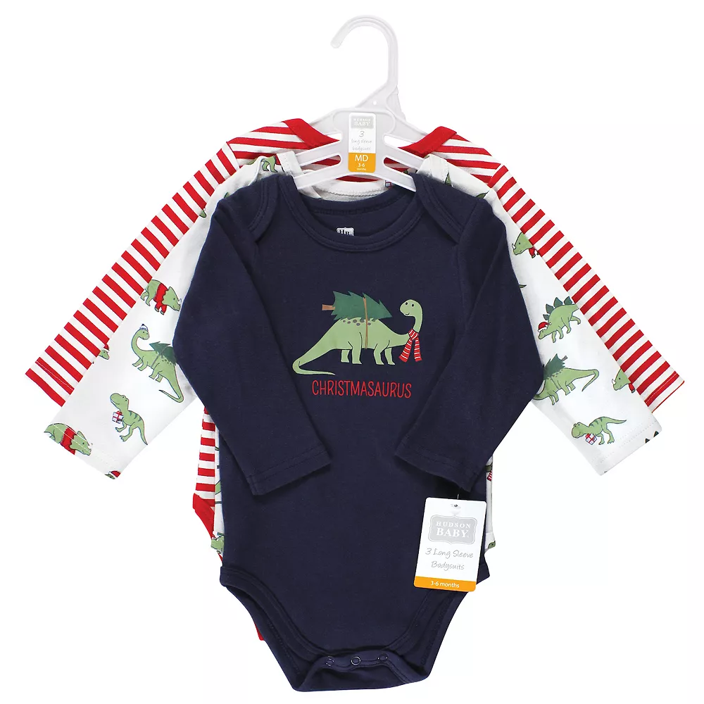 Hudson Baby Unisex Baby Cotton Long-Sleeve Bodysuits, Christmasaurus - Image 2